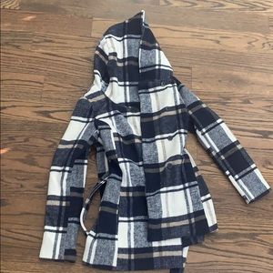 Blue plaid hooded belted pea coat